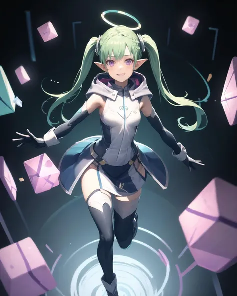 best quality, (masterpiece:1.2), illustration, absurdres,
(1girl, solo), (beautiful detailed girl),
<lora:Mare-08:0.8>, Mare, long hair, green hair, twintails, purple eyes, mechanical halo, tiny, petite, small, small breasts,
hood, white dress, white boots, aqua skirt, see-through skirt, translucent skirt, long gloves, (black gloves, black thighhighs:1.1),
proud, confident, happy, smile, (looking at viewer),
((flying, floating)),
((virtual, hacker, hacking, matrix, floating cubes))