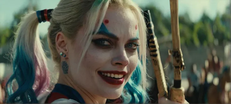 A cinematic film still of a
(Movie Still) from Suicide Squad , (extremely intricate:1.3), (realistic), portrait of a girl, the most beautiful in the world, Margot Robbie as Harley Quinn, colorful hair, pigtails, blue eyes, baseball bat, teeth, (detailed face, detailed eyes, clear skin, clear eyes), photorealistic, award winning, professional photograph of a stunning woman detailed, sharp focus, dramatic, award winning, cinematic lighting, volumetrics dtx
