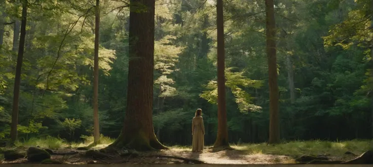 A film still showcasing a serene forest clearing, dappled sunlight filtering through the trees, as a solitary figure stands in quiet contemplation, immersed in the beauty and tranquility of nature.