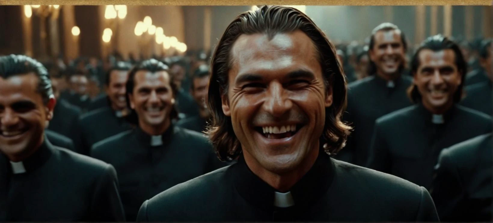 A cinematic film still framing the charismatic, unsettling smile of a cult leader, their teeth bared in a predatory grin as they captivate their followers with their magnetic presence.
