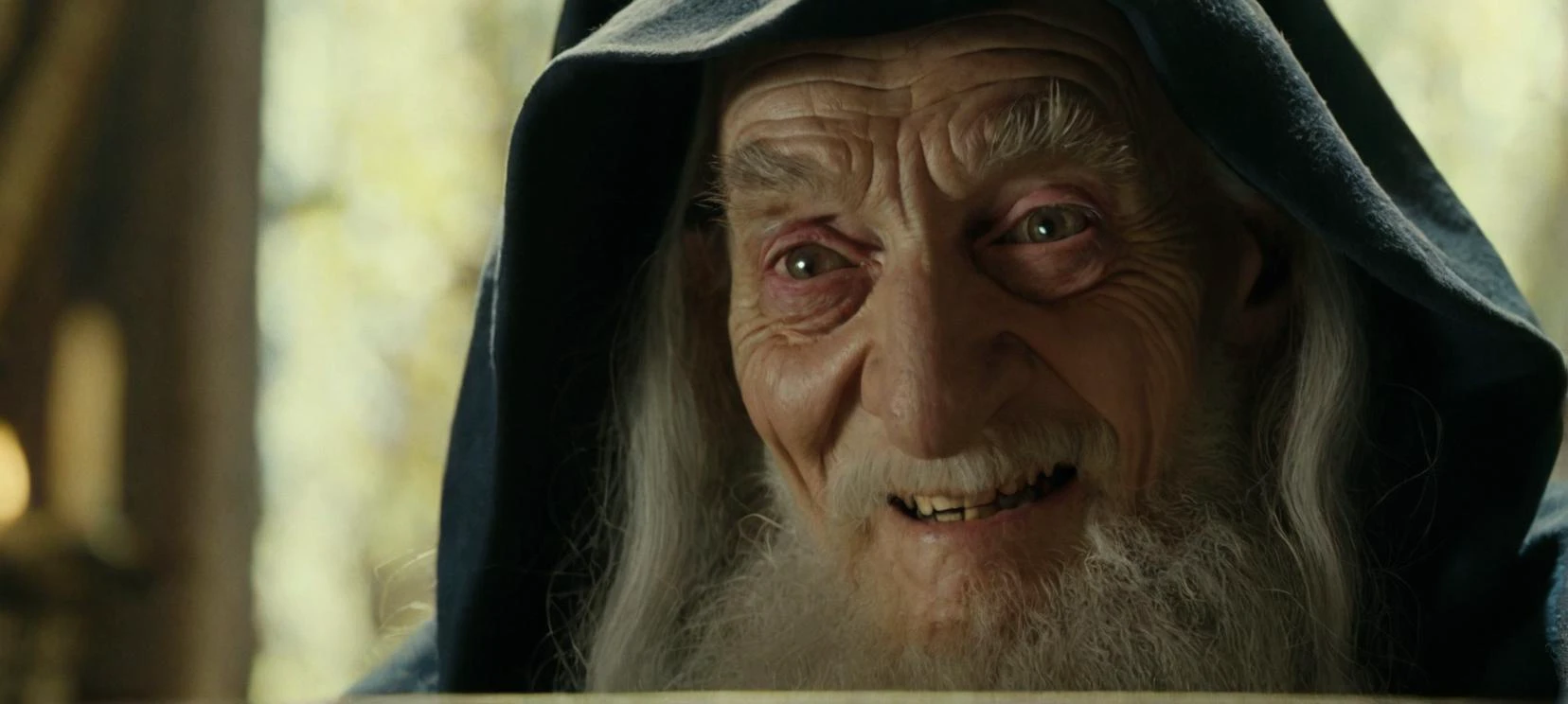 A film still portrait face focused of a wise old wizard with a mischievous smile, mystical, whimsical, fantasy, character study.