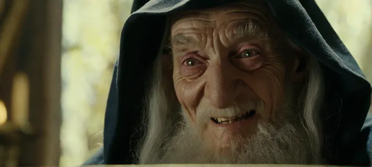 A film still portrait face focused of a wise old wizard with a mischievous smile, mystical, whimsical, fantasy, character study.