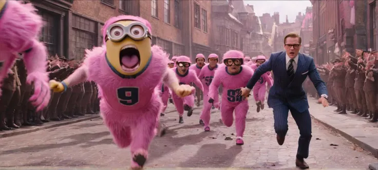 A cinematic film still of a (Movie Still) from Kingsman,

a minion in tattered clothes, injured, being chased by pink panthers, 

cinematic lighting, film still, movie
