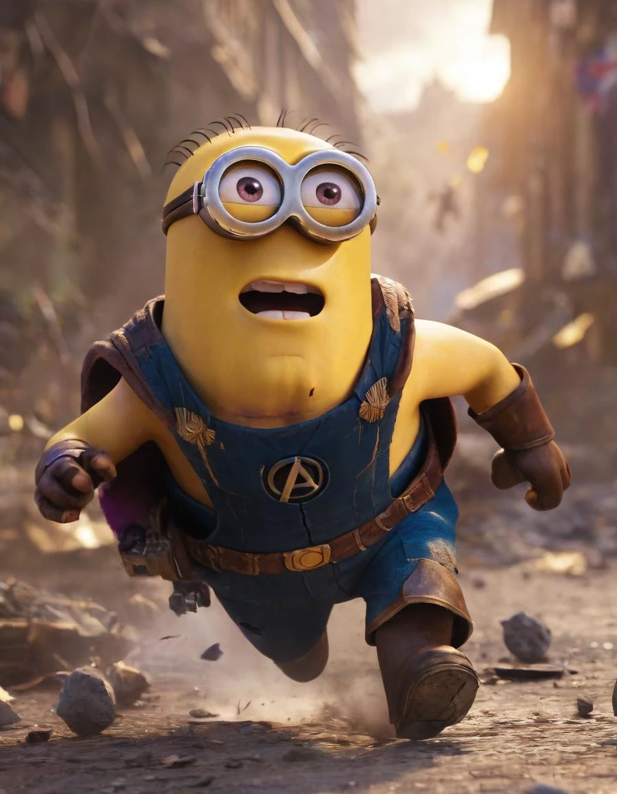 A cinematic film still of a (Movie Still) from The Avengers, a minion in tattered clothes, injured, being chased by Thanos, cinematic lighting, film still, movie, A cinematic film still of a (Movie Still) from The Avengers, a minion in tattered clothes, injured, being chased by Thanos, cinematic lighting, film still, movie, directed, full color, extremely detailed, sharp focus, intricate, very precise, highly coherent, theatrical, light, bright colors, radiant, incredible quality, winning modern fine classic, fantastic ambient