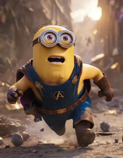 A cinematic film still of a (Movie Still) from The Avengers, a minion in tattered clothes, injured, being chased by Thanos, cinematic lighting, film still, movie, A cinematic film still of a (Movie Still) from The Avengers, a minion in tattered clothes, injured, being chased by Thanos, cinematic lighting, film still, movie, directed, full color, extremely detailed, sharp focus, intricate, very precise, highly coherent, theatrical, light, bright colors, radiant, incredible quality, winning modern fine classic, fantastic ambient