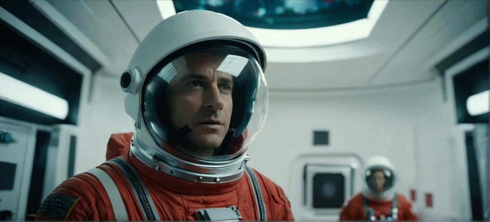 cinematic film still of Cinematic Film stock footage in (arri alexa style) Kodak film print, a man in a red space suit standing in a white room Cinematic Film Style, shallow depth of field, vignette, highly detailed, high budget, bokeh, cinemascope, moody, epic, gorgeous, film grain, grainy