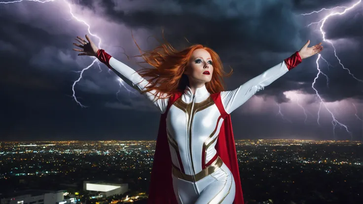 analog photography, young female superhero, long red hair, dramatic makeup, wearing a white and silver supersuit and a red cape, hovering in the air over Los Angeles at night, arms outstretched, shot from the front, upwards gaze, surrounded by lightning, 8k resolution, highres, high detail, sharp focus, detailed skin, 8k uhd, <lora:add-detail-xl:1,3>