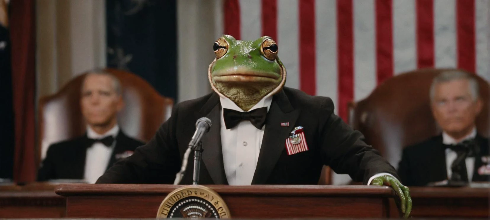 closeup film still cinestill of a frog as United States President, doing a speech, epic, cinematic,