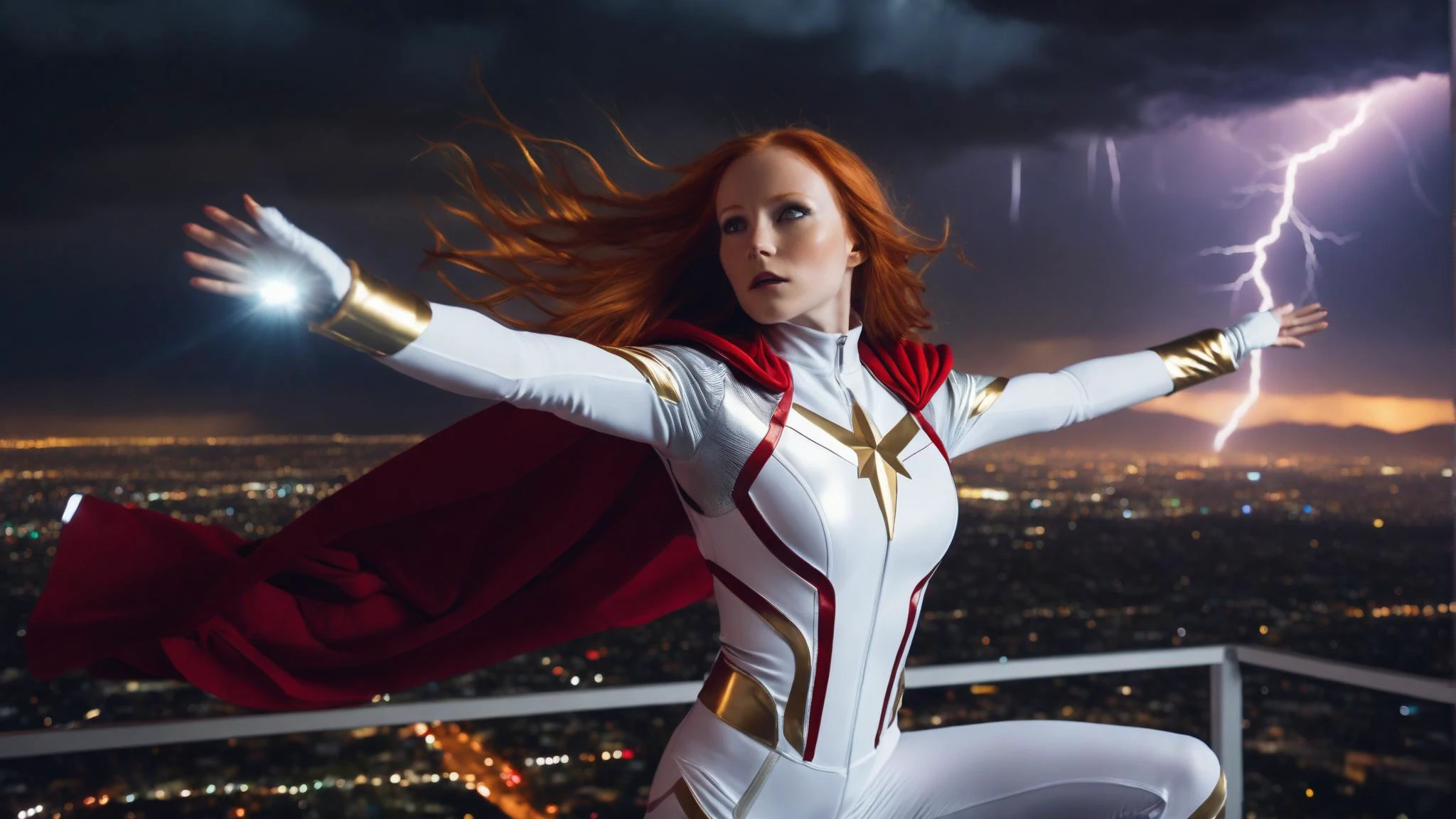 analog photography, young female superhero, long red hair, wearing a white and silver supersuit and a red cape, hovering in the air over Los Angeles at night, arms outstretched, shot from the front, upwards gaze, surrounded by lightning, 8k resolution, highres, high detail, sharp focus, detailed skin, 8k uhd, <lora:add-detail-xl:1,3>