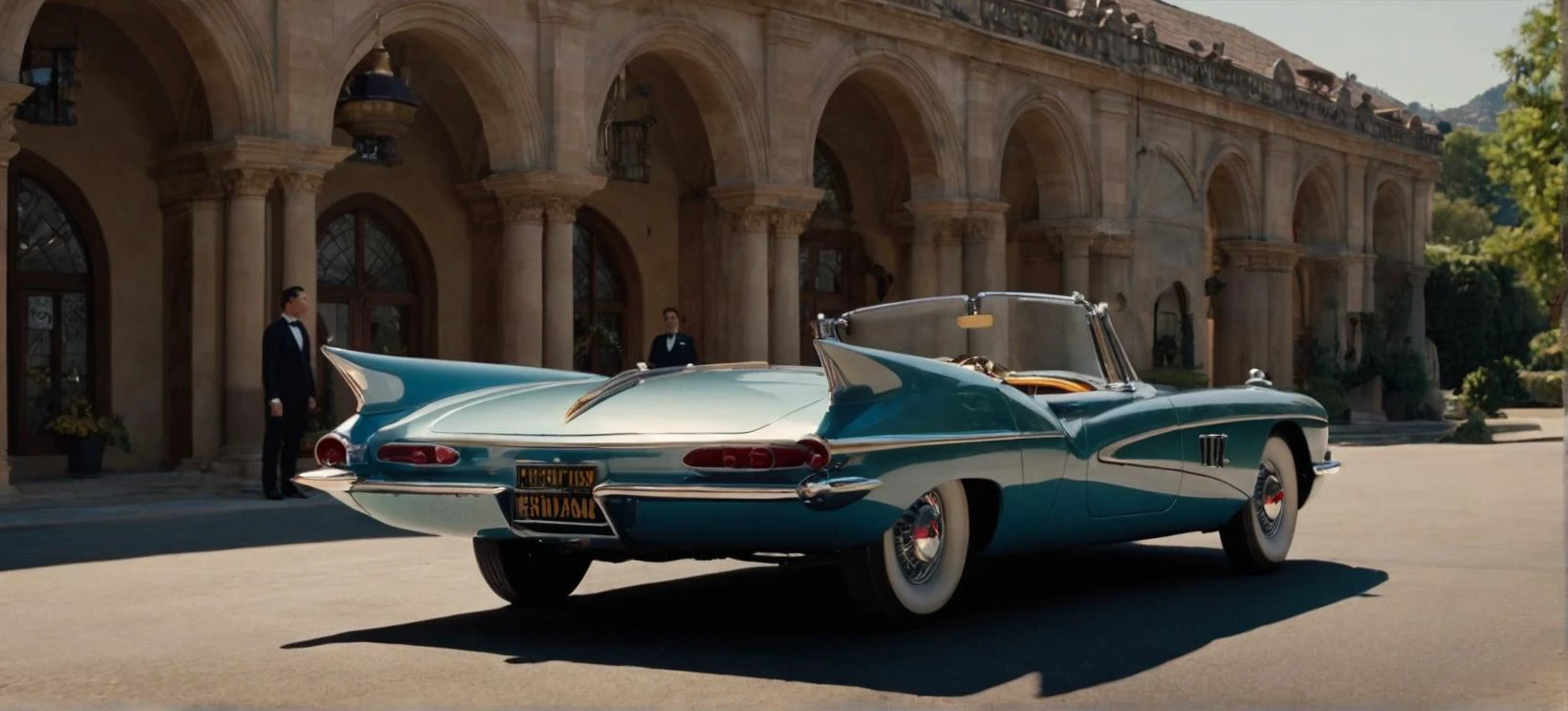 A cinematic film still showcasing a movie star's iconic prop, such as a sleek, vintage automobile or a legendary sword, the object imbued with a sense of grandeur and cinematic importance.