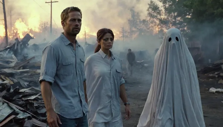 ( paul walker and Aishwarya Rai )n a new remake of the film The Seventh Sign with new character Sheetghost person. They have arrived to take over the earth, but Brad Pitt fights back with the unconventional weaponry of a flaming Nintendo Entertainment System (NES). cinematic, 4k, hdri lighting, award-winning, atmospheric, gritty, volumetric fog, dramatic lighting <lora:SheetGhost SDXL LoRA - Trigger with Sheetghost Person:.8>