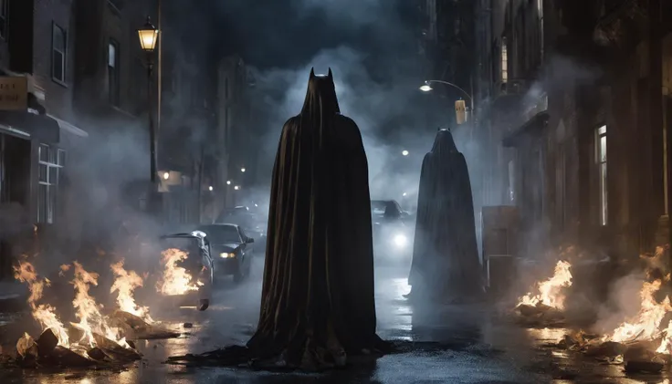 ( jeremy renner and Yara Shahidi )n a new remake of the film Batman Returns with new character Sheetghost person. They have arrived to take over the earth, but Brad Pitt fights back with the unconventional weaponry of a flaming Speak & Spell. cinematic, 4k, hdri lighting, award-winning, atmospheric, gritty, volumetric fog, dramatic lighting <lora:SheetGhost SDXL LoRA - Trigger with Sheetghost Person:.8>