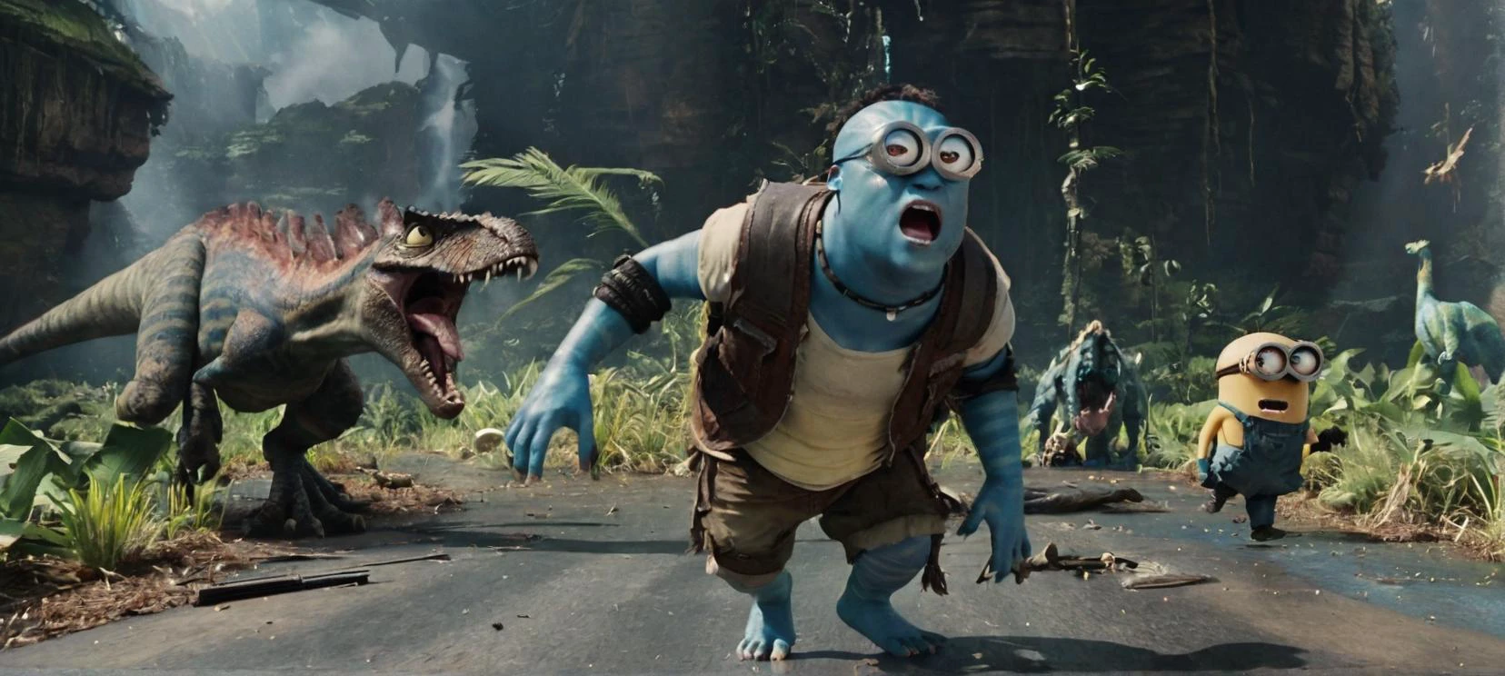 A cinematic film still of a (Movie Still) from Avatar,
a minion in tattered clothes, injured, being chased by dinosaurs,
cinematic lighting, film still, movie