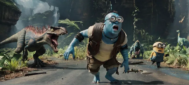 A cinematic film still of a (Movie Still) from Avatar,
a minion in tattered clothes, injured, being chased by dinosaurs,
cinematic lighting, film still, movie