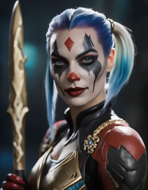 (Warframe), A cinematic film still of a (Movie Still) from Suicide Squad , (extremely intricate:1.3), (realistic), portrait of a girl, the most beautiful in the world, Margot Robbie as Harley Quinn, colorful hair, pigtails, blue eyes, baseball bat, teeth, (detailed face, detailed eyes, clear skin, clear eyes), photorealistic, award winning, professional photograph of a stunning woman detailed, sharp focus, dramatic, award winning, cinematic lighting, volumetrics dtx