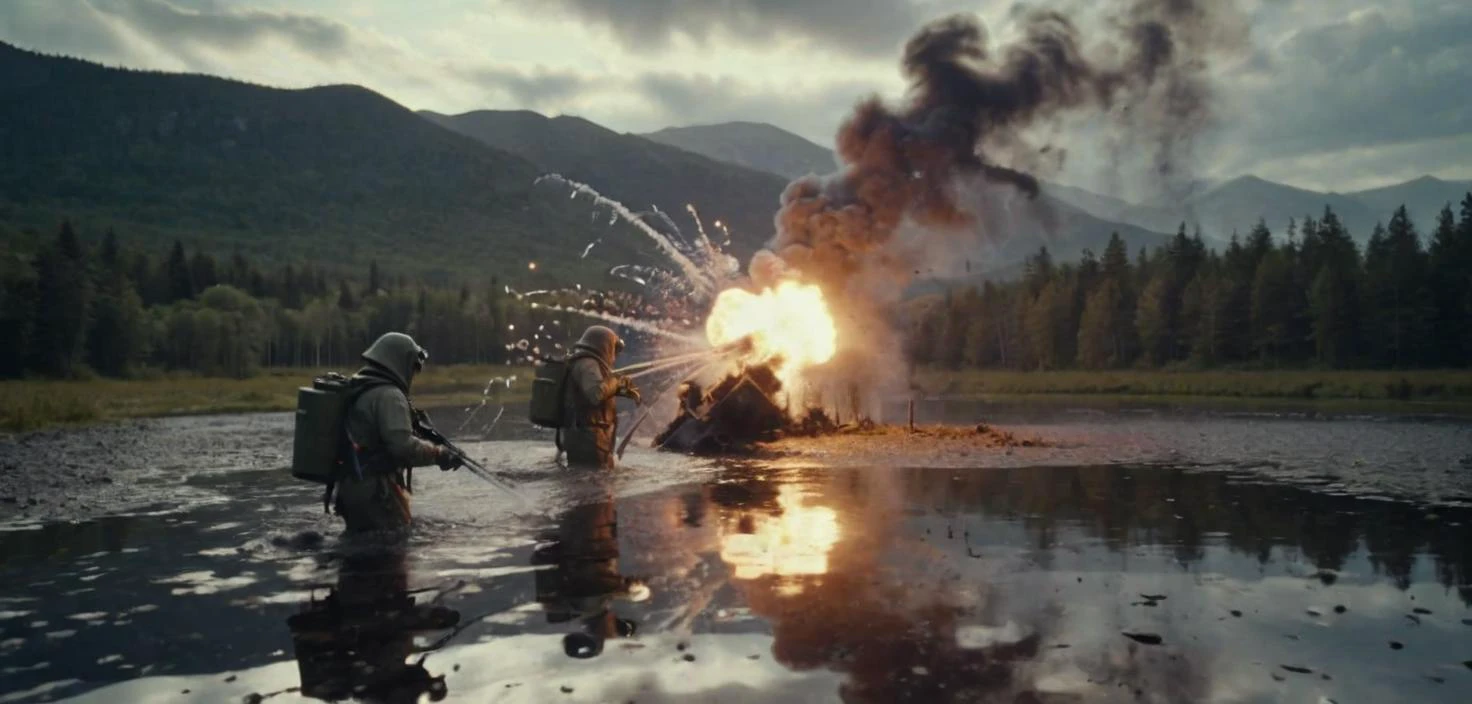 , grbtw artstyle finds a wintry pond that shows reflections of beauty intricate cinematography, high quality award winning movie footage. <lora:Explosion Artstyle - Trigger is Explosion Artstyle:1> <lora:SDXL Grab-Bag-2 - Gasmask Guys - Trigger is grbtw artstyle:1> Explosions.