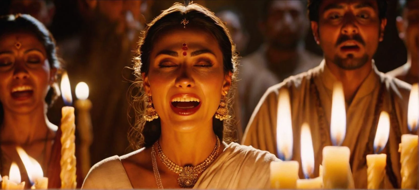 A cinematic film still depicting the trembling, ecstatic expression of a religious cult member, their face bathed in the flickering light of ritual candles as they lose themselves in a fervent, devotional trance.