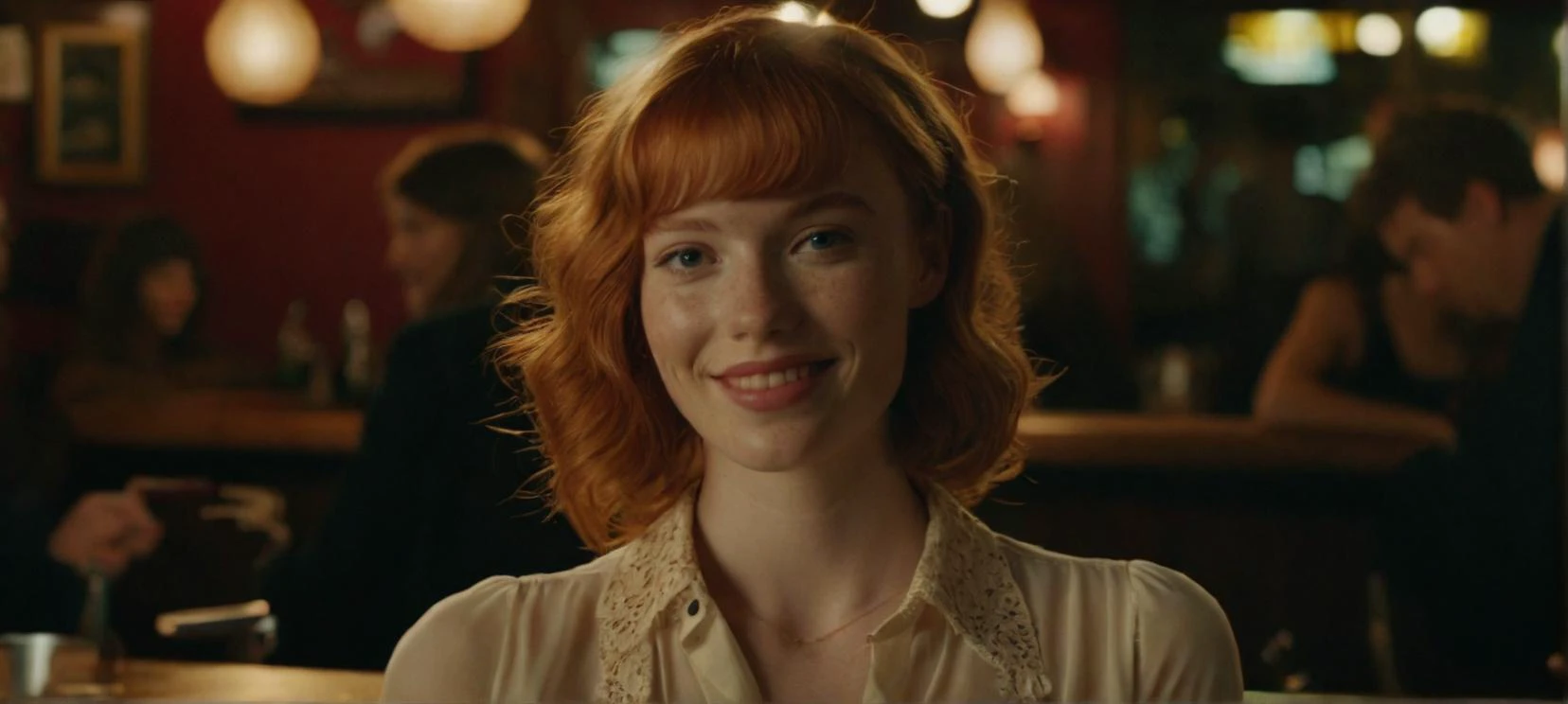 A cinematic film still of a
a close up photo of a 20 year old french woman in a blouse at a bar, seductive smile, ginger hair, cinematic light, film still,