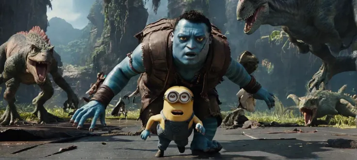 A cinematic film still of a (Movie Still) from Avatar,

a minion in tattered clothes, injured, being chased by dinosaurs, 

cinematic lighting, film still, movie
