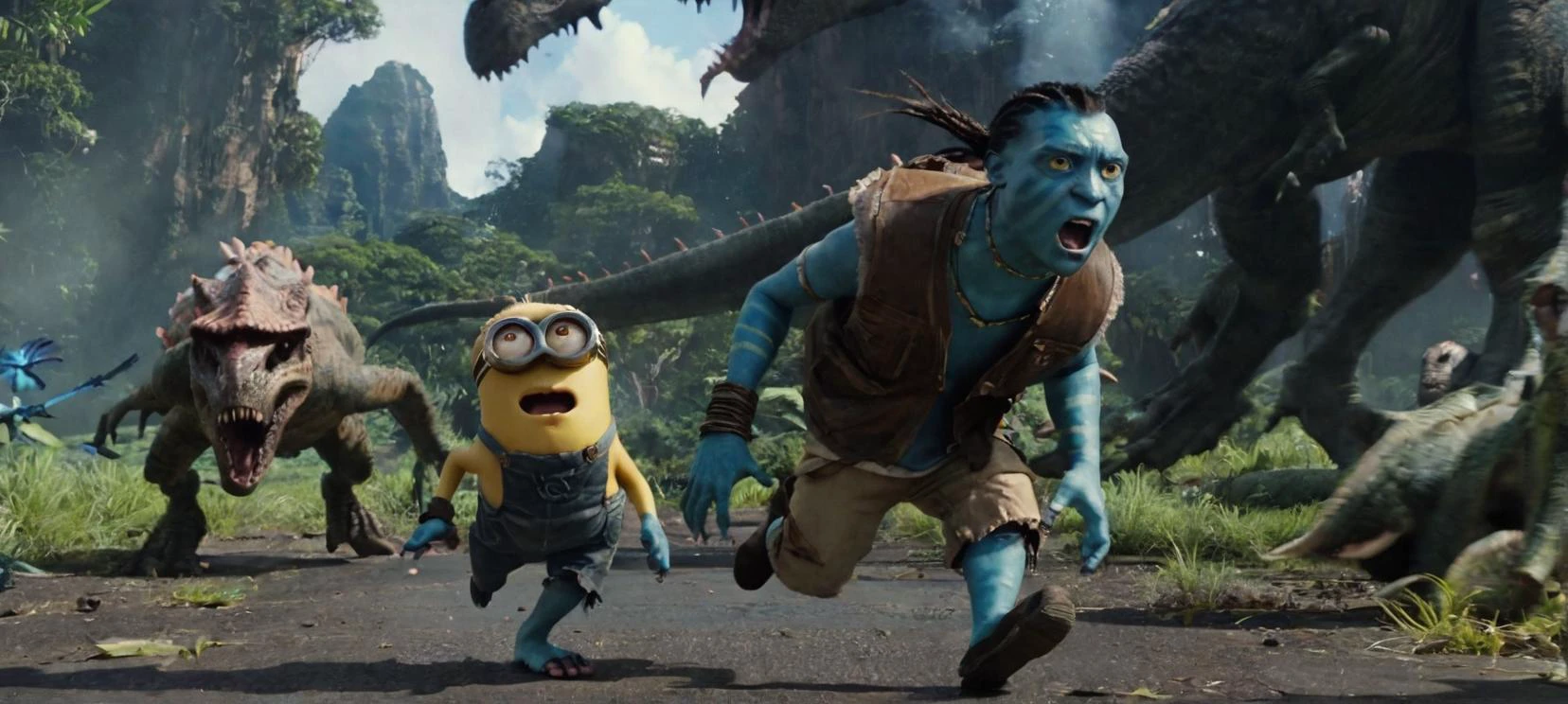 A cinematic film still of a (Movie Still) from Avatar,
a minion in tattered clothes, injured, being chased by dinosaurs,
cinematic lighting, film still, movie