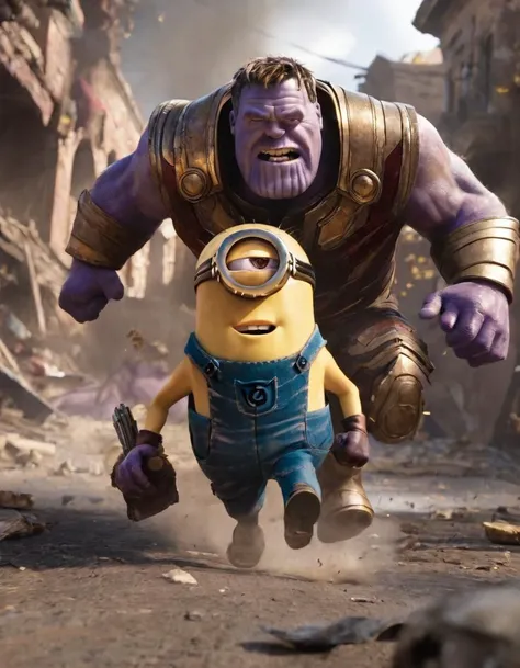 A cinematic film still of a (Movie Still) from The Avengers, a minion in tattered clothes, injured, being chased by Thanos, cinematic lighting, film still, movie, A cinematic film still of a (Movie Still) from The Avengers, a minion in tattered clothes, injured, being chased by Thanos, cinematic lighting, film still, movie, directed, full color, extremely detailed, sharp focus, intricate, innocent, elegant, pretty, perfect light, dramatic, attractive, new, highly saturated colors, surreal, background, professional