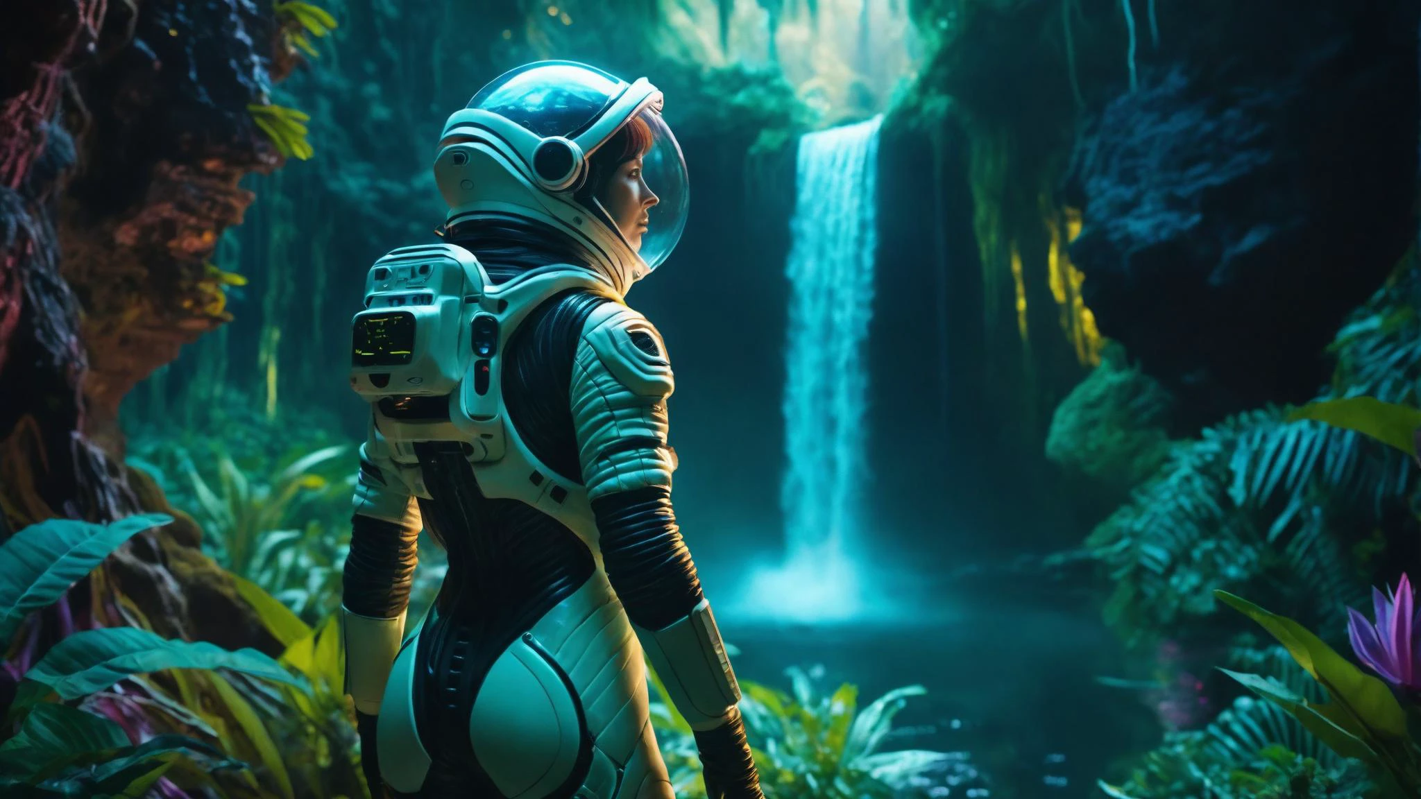 analog photography, female astronaut wearing a futuristic skintight sci-fi spacesuit standing on an alien planet looking at a lush, glowing bioluminescent alien landscape, large luminous plants, bioluminescent jungle, waterfall, luminous flying animals, shot from behind , 8k resolution, highres, high detail, sharp focus, detailed skin, 8k uhd, <lora:add-detail-xl:1,3>
