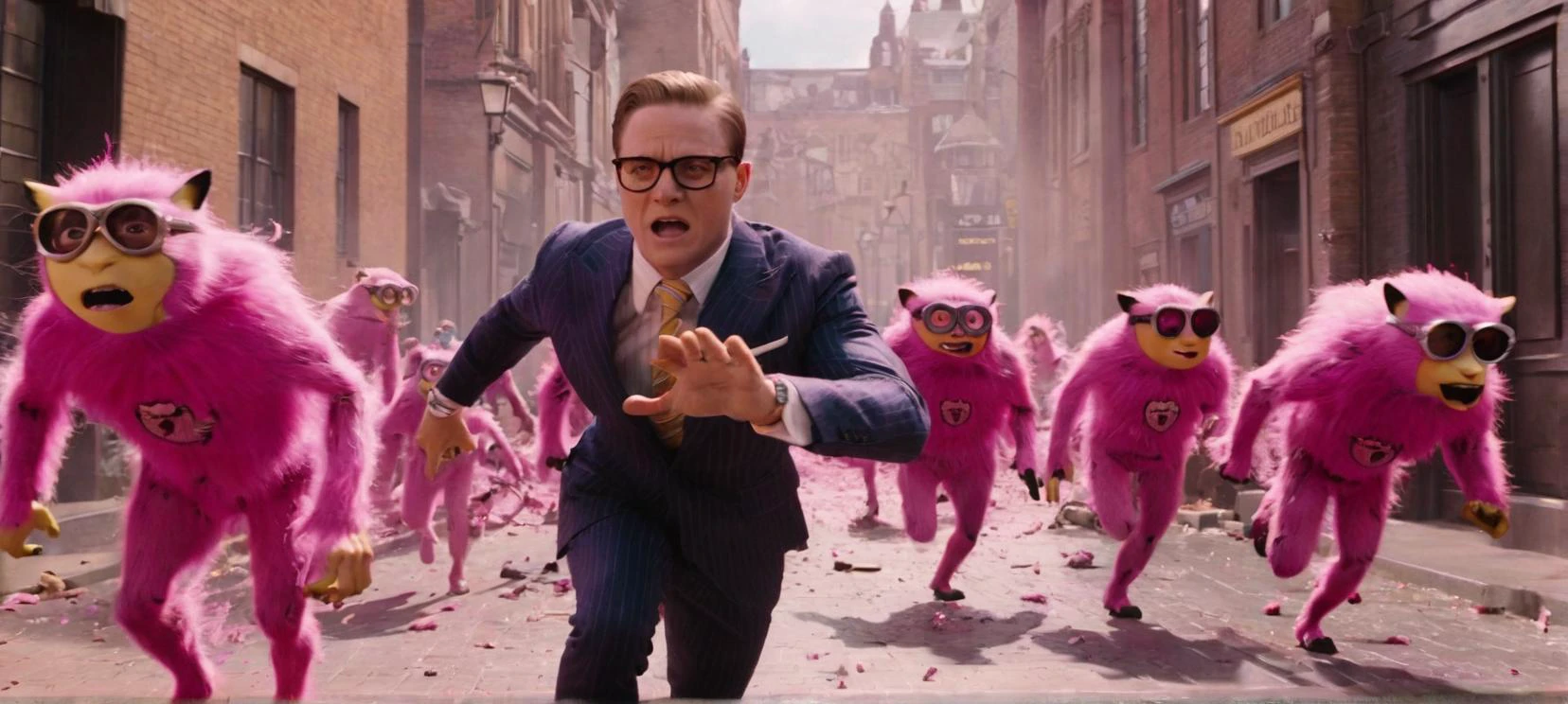 A cinematic film still of a (Movie Still) from Kingsman,
a minion in tattered clothes, injured, being chased by pink panthers,
cinematic lighting, film still, movie