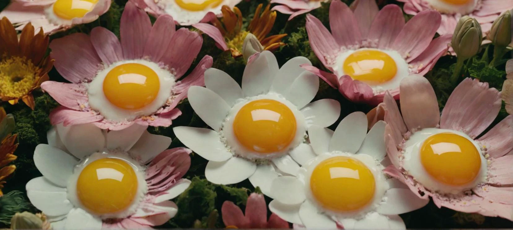 A film still
a group of flowers where all of their flowers are actually fried eggs
cinematic, movie still