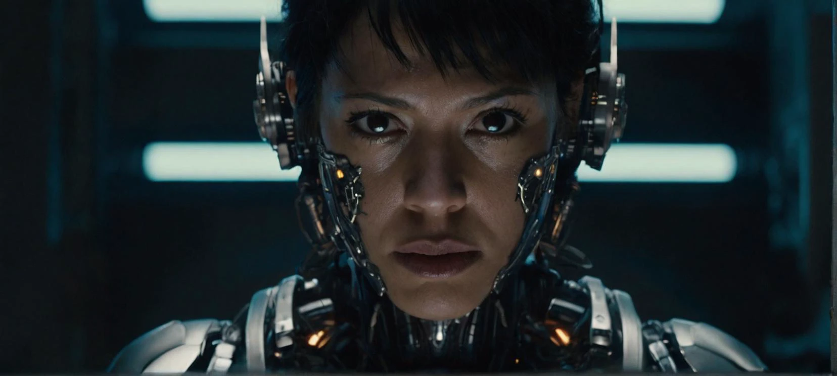 A film still portrait face focused of a cyborg assassin nostalgic, cinematic, epic, movie still, focused:
In this film still, a cyborg assassin's face takes center stage, evoking a nostalgic ambiance. Their expression is enigmatic, hinting at a complex backstory and a haunted past. The cinematic treatment transports viewers to a dystopian world, where technology and humanity intertwine. The epic atmosphere is intensified by the interplay of shadows and light, underscoring the cyborg's enigmatic nature. The focused composition accentuates their piercing gaze, leaving viewers captivated by the untold tales hidden within their eyes.