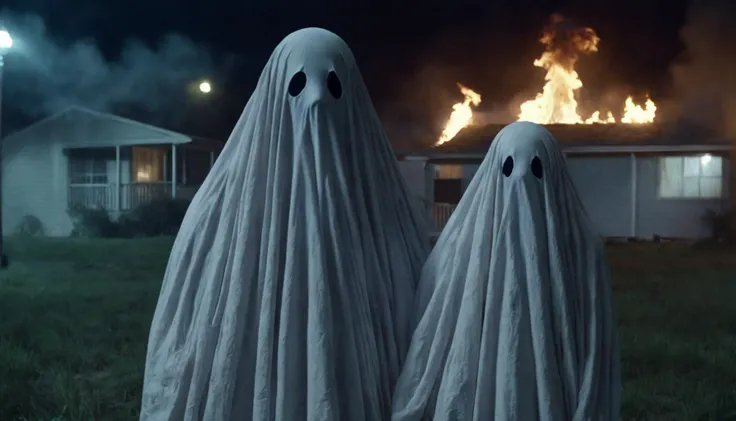 ( bruce willis and Lily James )n a new remake of the film Poltergeist with new character Sheetghost person. They have arrived to take over the earth, but Brad Pitt fights back with the unconventional weaponry of a flaming MS-DOS. cinematic, 4k, hdri lighting, award-winning, atmospheric, gritty, volumetric fog, dramatic lighting <lora:SheetGhost SDXL LoRA - Trigger with Sheetghost Person:.8>