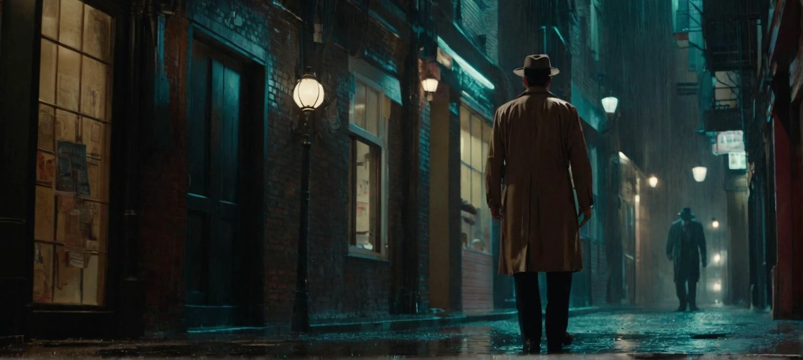 A film still A detective walking through a dimly lit alley, rain pouring down, searching for clues, cinematic
