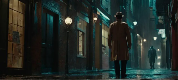 A film still A detective walking through a dimly lit alley, rain pouring down, searching for clues, cinematic