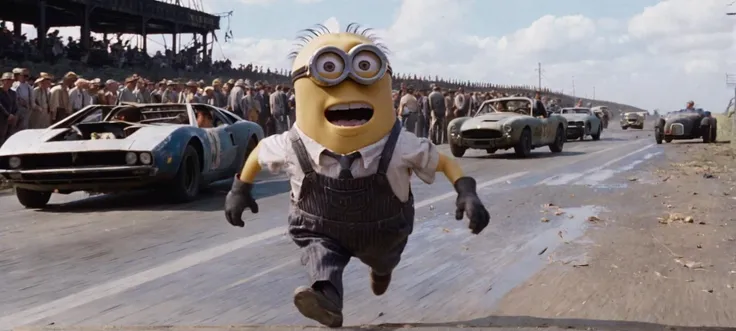 A cinematic film still of a (Movie Still) from The Shawshank Redemption,

a minion in tattered clothes, injured, is running away behind supercars, 

cinematic lighting, film still, movie
