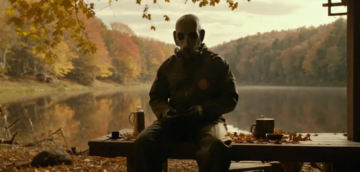 , scene where grbtw artstyle sits on a rustic porch during autumn, leaves swirling around, set against a backdrop of golden trees, showcasing seasonal serenity. intricate cinematography, high quality award winning movieage. <lora:Explosion Artstyle - Trigger is Explosion Artstyle:1> <lora:SDXL Grab-Bag-2 - Gasmask Guys - Trigger is grbtw artstyle:1> Explosions.