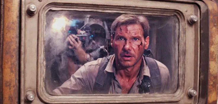 Film footage of a brainwashed indianajones person who uses Vacuum Cleanerand a magic Photo Frames to take on the attacking grbtw artstyle. <lora:SDXL Grab-Bag-2 - Gasmask Guys - Trigger is grbtw artstyle:1> <lora:Indiana Jones SDXL -Trigger is Indianajones Person:1>