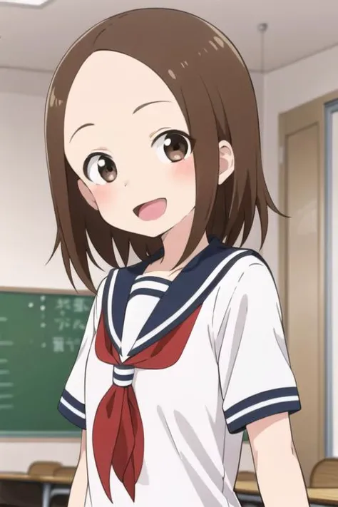 <lora:chii:0.7> chii, 1girl, solo, brown hair, parted bangs, forehead, brown eyes, blush, smile, open mouth, serafuku, sailor collar, red neckerchief, upper body, looking at viewer, short sleeves, sunlight, indoors, classroom,