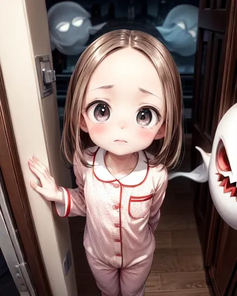 (masterpiece,best quality,ultra_detailed,highres,absurdres, dimly lit:1.2),
(scared to sleep alone:1.4), 
(front above view of chii being chased by evil ghosts looking up at viewer standing with arms behind her back in an open doorway at night:1.8),
(dark room with evil fierce scary ghost face in background:2.0),
(arms stretched out:1.4),
(chii:1.6),
(looking anxiously up at viewer, teary eyes, fearful expression, eye contact:1.8),
full body, upper body focus,
(view from above, pov from above:1.8),(girl in the center facing viewer:1.3), highly detailed, cute,lovely,
blush,brown hair, big brown eyes, medium hair, (parted bangs:1.2),(forehead:1.4),long sleeves,(wearing cute girly pajama:1.5),
<lora:ScaredToSleepAlone:0.5> , <lora:chii:0.5>, <lora:add_detail:1.5>,