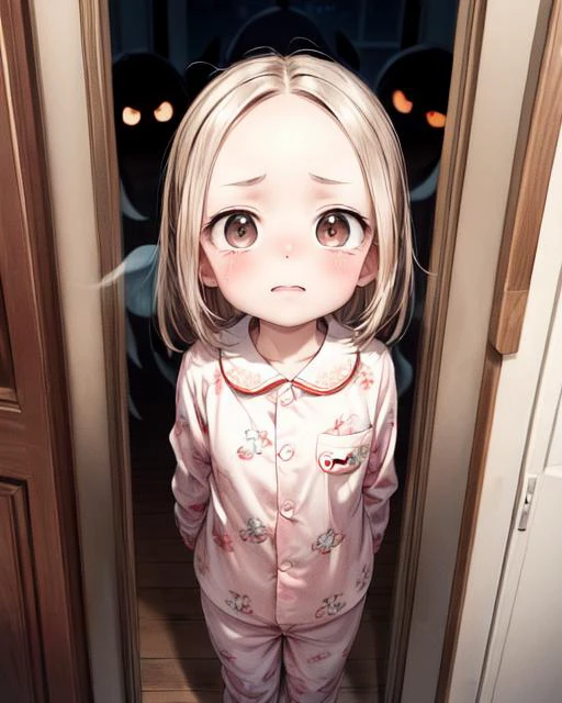 (masterpiece,best quality,ultra_detailed,highres,absurdres, dimly lit:1.2),
(scared to sleep alone:1.4),
(front above view of chii being chased by evil ghost faces looking up at viewer standing with arms behind her back in an open doorway at night:1.8),
(dark room with evil fierce scary ghost faces in background:2.0),
(arms stretched out:1.4),
(chii:1.6),
(looking anxiously up at viewer, teary eyes, fearful expression, eye contact:1.8),
full body, upper body focus,
(view from above, pov from above:1.8),(girl in the center facing viewer:1.3), highly detailed, (cute,lovely,adorable:1.2),
blush,brown hair, big brown eyes, medium hair, (parted bangs:1.2),(forehead:1.5),long sleeves,(wearing cute girly childish pajama:1.5),
<lora:ScaredToSleepAlone:0.5> , <lora:chii:0.5>, <lora:add_detail:1.5>,