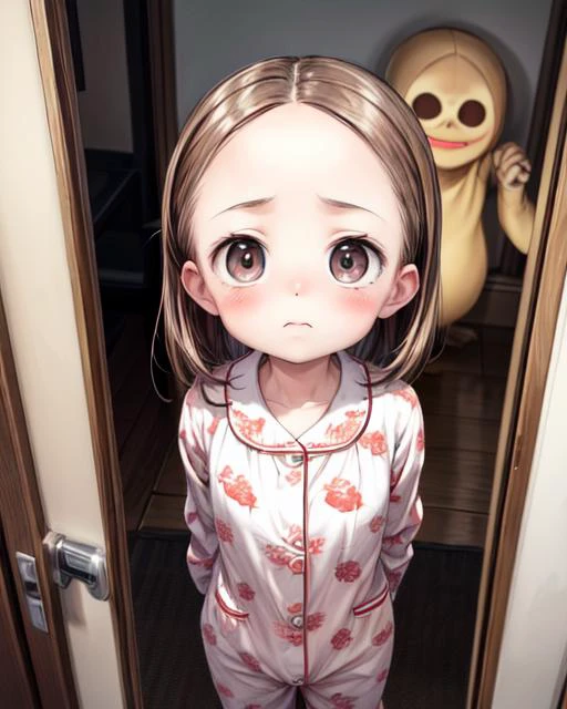 (masterpiece,best quality,ultra_detailed,highres,absurdres, dimly lit:1.2),
(horror movie theme:1.6),
(scared to sleep alone:1.4),
(front above view of chii looking up at viewer standing with arms behind her back in an open doorway at night being chased by an evil ghost faces:2.0),
(darkness with evil fierce scary ghost faces behind girl:2.0),
(arms stretched out:1.4),
(chii,cute,lovely,adorable:1.6),
(looking anxiously up at viewer, very teary eyes, fearful expression, eye contact:1.8),
full body, upper body focus,
(view from above, pov from above:2.0),(girl in the center facing viewer:1.3), highly detailed,
blush,brown hair, big brown eyes, medium hair, (parted bangs:1.2),(forehead:1.8),long sleeves,(wearing cute girly pajama:1.5),
<lora:ScaredToSleepAlone:0.5> , <lora:chii:0.5>, <lora:add_detail:1.5>,