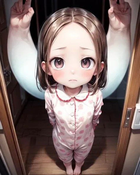 (masterpiece,best quality,ultra_detailed,highres,absurdres, dimly lit:1.2),
(scared to sleep alone:1.4),
(front above view of chii being chased by evil ghost faces looking up at viewer standing with arms behind her back in an open doorway at night:1.8),
(dark room with evil fierce scary ghost faces behind girl:2.0),
(arms stretched out:1.4),
(chii:1.6),
(looking anxiously up at viewer, teary eyes, fearful expression, eye contact:1.8),
full body, upper body focus,
(view from above, pov from above:1.8),(girl in the center facing viewer:1.3), highly detailed, (cute,lovely,adorable:1.2),
blush,brown hair, big brown eyes, medium hair, (parted bangs:1.2),(forehead:1.5),long sleeves,(wearing cute girly childish pajama:1.5),
<lora:ScaredToSleepAlone:0.5> , <lora:chii:0.5>, <lora:add_detail:1.5>,