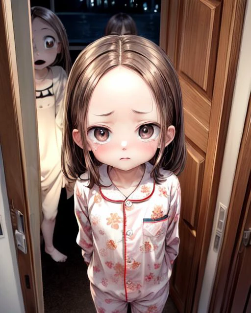 (masterpiece,best quality,ultra_detailed,highres,absurdres, dimly lit:1.2),
(horror movie theme:1.6),
(scared to sleep alone:1.4),
(front above view of chii looking up at viewer standing with arms behind her back in an open doorway at night being chased by an evil ghost faces:2.0),
(darkness with evil fierce scary ghost faces behind girl:2.0),
(arms stretched out:1.4),
(chii,cute,lovely,adorable:1.6),
(looking anxiously up at viewer, very teary eyes, fearful expression, eye contact:1.8),
full body, upper body focus,
(view from above, pov from above:2.0),(girl in the center facing viewer:1.3), highly detailed,
blush,brown hair, big brown eyes, medium hair, (parted bangs:1.2),(forehead:1.8),long sleeves,(wearing cute girly pajama:1.5),
<lora:ScaredToSleepAlone:0.5> , <lora:chii:0.5>, <lora:add_detail:1.5>,