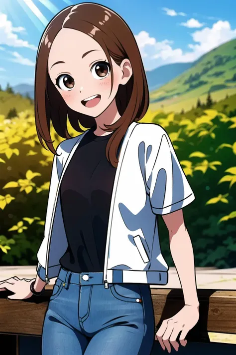 <lora:chii:0.7> chii, 1girl, solo, brown hair, parted bangs, petite, forehead, brown eyes, blush, smile, open mouth, black shirt, jeans, looking at viewer, short sleeves, sunlight, outdoors, jacket, open clothes,, (masterpiece:1.2), best quality, high resolution, unity 8k wallpaper, (illustration:0.8), extremely detailed face, perfect lighting, extremely detailed CG, (perfect hands, perfect anatomy), (masterpiece, best_quality, ultra-detailed, immaculate:1.3), epic, illustration, render, <lora:GoodHands-vanilla:0.9>