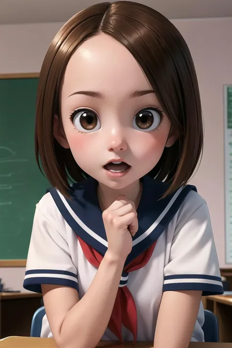 <lora:chii:0.7> chii, 1girl, solo, brown hair, parted bangs, forehead, brown eyes, blush, surprised, open mouth, serafuku, sailor collar, red neckerchief, upper body, looking at viewer, short sleeves, sunlight, indoors, classroom,, (masterpiece:1.2), best quality, high resolution, unity 8k wallpaper, (illustration:0.8), extremely detailed face, perfect lighting, extremely detailed CG, (perfect hands, perfect anatomy), (masterpiece, best_quality, ultra-detailed, immaculate:1.3), epic, illustration, render,