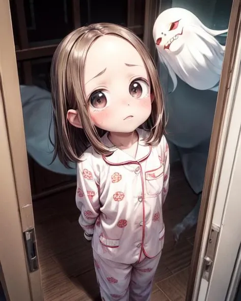 (masterpiece,best quality,ultra_detailed,highres,absurdres, dimly lit:1.2),
(scared to sleep alone:1.4), 
(front above view of chii being chased by evil ghosts looking up at viewer standing with arms behind her back in an open doorway at night:1.8),
(dark room with evil fierce scary ghost face in background:2.0),
(arms stretched out:1.4),
(chii:1.6),
(looking anxiously up at viewer, teary eyes, fearful expression, eye contact:1.8),
full body, upper body focus,
(view from above, pov from above:1.8),(girl in the center facing viewer:1.3), highly detailed, cute,lovely,
blush,brown hair, big brown eyes, medium hair, (parted bangs:1.2),(forehead:1.4),long sleeves,(wearing cute girly pajama:1.5),
<lora:ScaredToSleepAlone:0.5> , <lora:chii:0.5>, <lora:add_detail:1.5>,