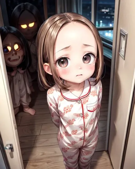 (masterpiece,best quality,ultra_detailed,highres,absurdres, dimly lit:1.2),
(horror theme:1.6),
(scared to sleep alone:1.4),
(front above view of chii looking up at viewer standing with arms behind her back in an open doorway at night being chased by an evil ghost faces:2.0),
(darkness with evil fierce scary ghost faces behind girl:2.0),
(arms stretched out:1.4),
(chii,cute,lovely,adorable:1.6),
(looking anxiously up at viewer, very teary eyes, fearful expression, eye contact:1.8),
full body, upper body focus,
(view from above, pov from above:2.0),(girl in the center facing viewer:1.3), highly detailed,
blush,brown hair, big brown eyes, medium hair, (parted bangs:1.2),(forehead:1.8),long sleeves,(wearing cute girly pajama:1.5),
<lora:ScaredToSleepAlone:0.5> , <lora:chii:0.5>, <lora:add_detail:1.5>,