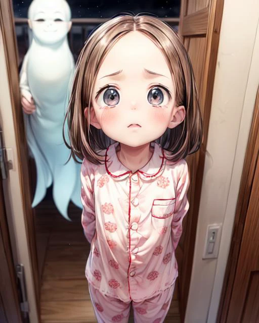 (masterpiece,best quality,ultra_detailed,highres,absurdres, dimly lit:1.2),
(scared to sleep alone:1.4),
(front above view of chii looking up at viewer standing with arms behind her back in an open doorway at night being chased by an evil ghost faces:2.0),
(very dark room with evil fierce scary ghost faces behind girl:2.0),
(arms stretched out:1.4),
(chii:1.6),
(looking anxiously up at viewer, very teary eyes, fearful expression, eye contact:1.8),
full body, upper body focus,
(view from above, pov from above:1.8),(girl in the center facing viewer:1.3), highly detailed, (cute,lovely,adorable:1.2),
blush,brown hair, big brown eyes, medium hair, (parted bangs:1.2),(forehead:1.5),long sleeves,(wearing cute girly childish pajama:1.5),
<lora:ScaredToSleepAlone:0.5> , <lora:chii:0.5>, <lora:add_detail:1.5>,