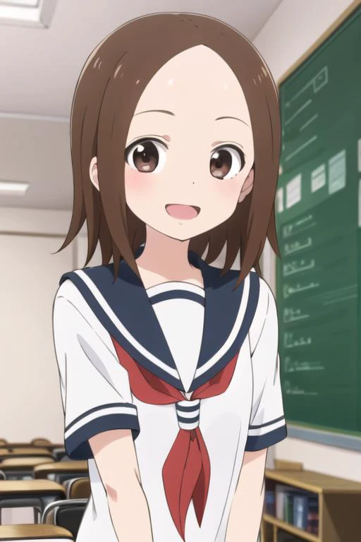 <lora:chii:0.7> chii, 1girl, solo, brown hair, parted bangs, forehead, brown eyes, blush, smile, open mouth, serafuku, sailor collar, red neckerchief, upper body, looking at viewer, short sleeves, sunlight, indoors, classroom,