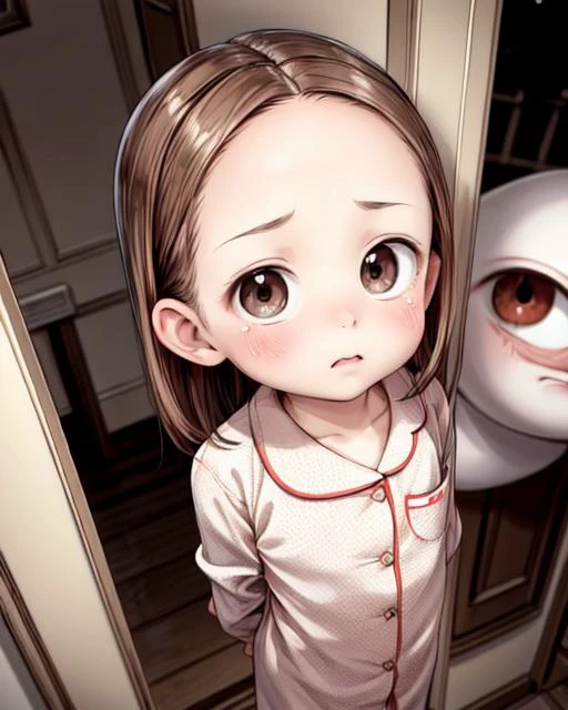 (masterpiece,best quality,ultra_detailed,highres,absurdres, dimly lit:1.2),
(horror movie theme:1.6),
(scared to sleep alone:1.4),
(front above view of chii looking up at viewer standing with arms behind her back in an open doorway at night being chased by an evil ghost faces:2.0),
(darkness with evil fierce scary ghost faces behind girl:2.0),
(arms stretched out:1.4),
(chii,cute,lovely,adorable:1.6),
(looking anxiously up at viewer, very teary eyes, fearful expression, eye contact:1.8),
full body, upper body focus,
(view from above, pov from above:2.0),(girl in the center facing viewer:1.3), highly detailed,
blush,brown hair, big brown eyes, medium hair, (parted bangs:1.2),(forehead:1.8),long sleeves,(wearing cute girly pajama:1.5),
<lora:ScaredToSleepAlone:0.5> , <lora:chii:0.5>, <lora:add_detail:1.5>,