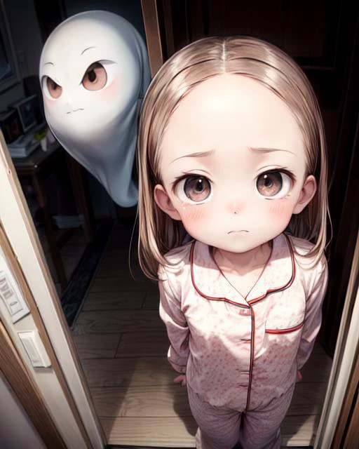 (masterpiece,best quality,ultra_detailed,highres,absurdres, dimly lit:1.2),
(scared to sleep alone:1.4),
(front above view of chii being chased by evil ghosts looking up at viewer standing with arms behind her back in an open doorway at night:1.8),
(dark room with evil fierce scary ghost faces in background:2.0),
(arms stretched out:1.4),
(chii:1.6),
(looking anxiously up at viewer, teary eyes, fearful expression, eye contact:1.8),
full body, upper body focus,
(view from above, pov from above:1.8),(girl in the center facing viewer:1.3), highly detailed, cute,lovely,
blush,brown hair, big brown eyes, medium hair, (parted bangs:1.2),(forehead:1.4),long sleeves,(wearing cute girly pajama:1.7),
<lora:ScaredToSleepAlone:0.5> , <lora:chii:0.5>, <lora:add_detail:1.5>,