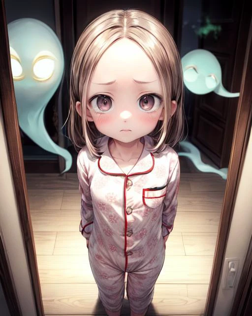 (masterpiece,best quality,ultra_detailed,highres,absurdres, dimly lit:1.2),
(scared to sleep alone:1.4),
(front above view of chii being chased by evil ghosts looking up at viewer standing with arms behind her back in an open doorway at night:1.8),
(dark room with evil fierce scary ghost faces in background:2.0),
(arms stretched out:1.4),
(chii:1.6),
(looking anxiously up at viewer, teary eyes, fearful expression, eye contact:1.8),
full body, upper body focus,
(view from above, pov from above:1.8),(girl in the center facing viewer:1.3), highly detailed, cute,lovely,
blush,brown hair, big brown eyes, medium hair, (parted bangs:1.2),(forehead:1.4),long sleeves,(wearing cute girly pajama onesie:1.5),
<lora:ScaredToSleepAlone:0.5> , <lora:chii:0.5>, <lora:add_detail:1.5>,